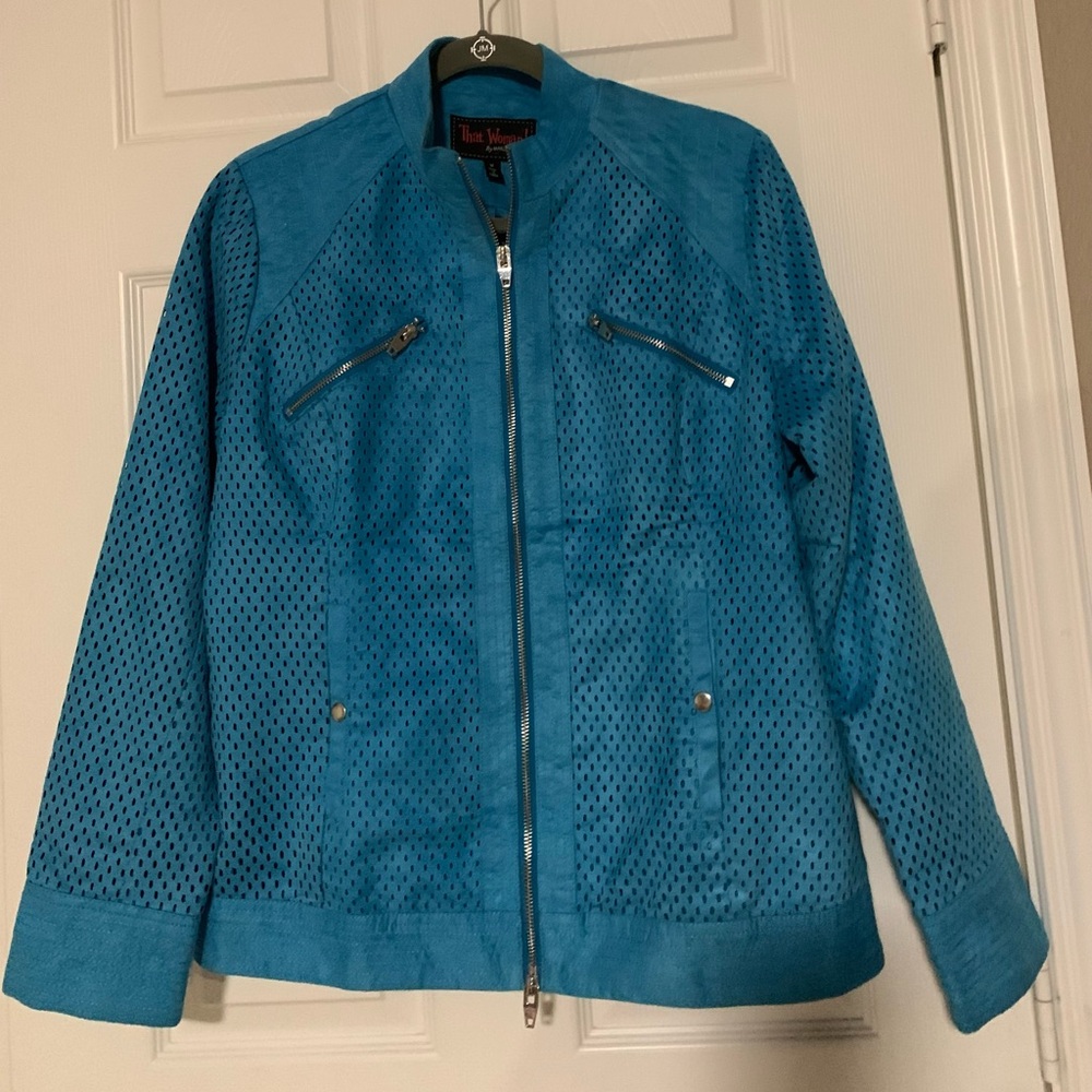 Marlo Thomas Faux Suede Perforated Blue Moto Jacket That Woman!